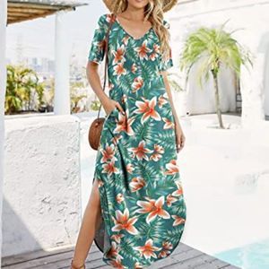 Women Short Sleeve V Neck Casual Loose Long Beach Camdoria Summer Maxi Dress
